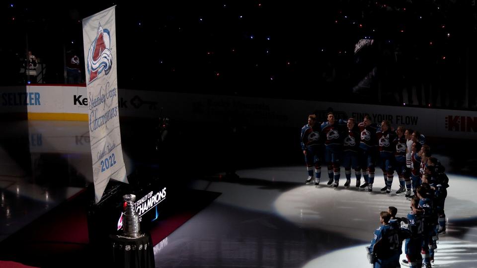 The Colorado Avalanche raised their Stanley Cup banner to the rafters of Ball Arena prior to their season opener against the Chicago Blackhawks on Wednesday.  (Getty Images)