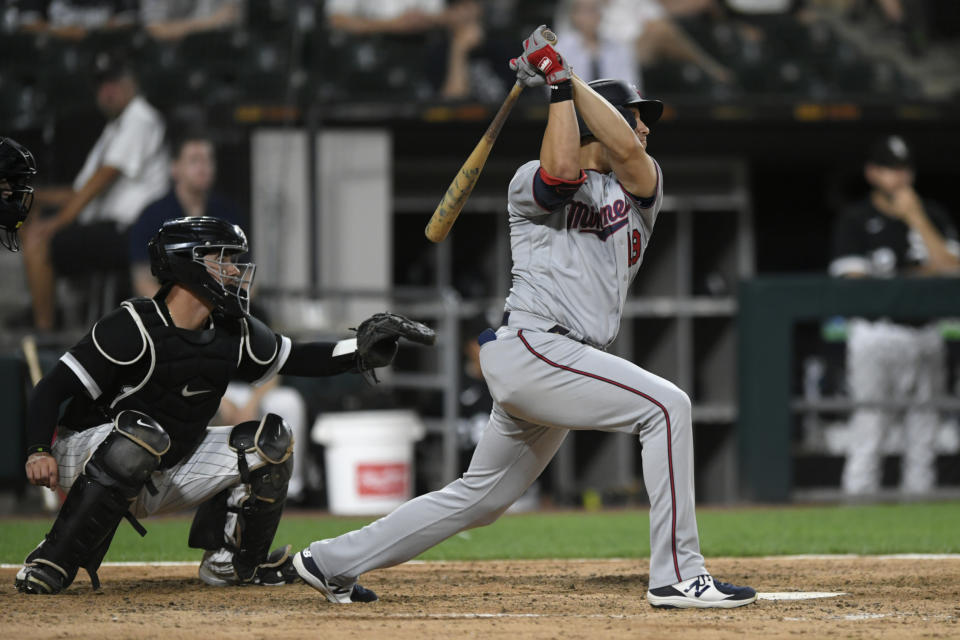Minnesota Twins' Alex Kirilloff watches his two-run home run against the Chicago White Sox during the seventh inning of a baseball game Tuesday, July 5, 2022, in Chicago. (AP Photo/Paul Beaty)
