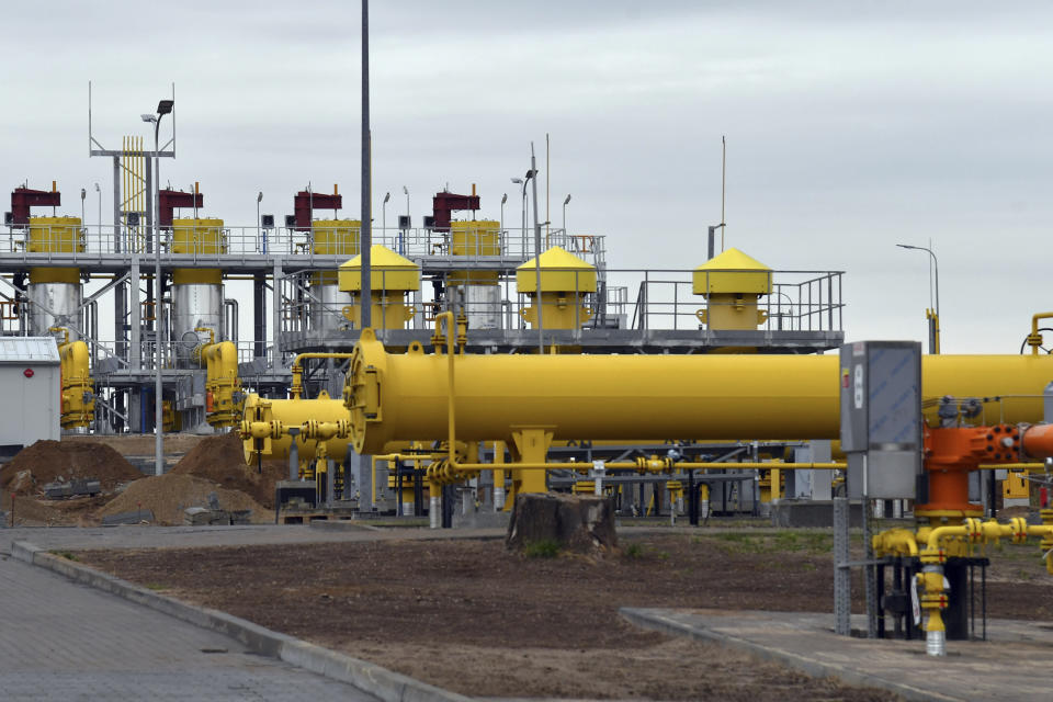 The pipelines during an opening ceremony of the Baltic Pipe in Budno, Poland, Tuesday, Sept. 27, 2022. The event marks the end of the process of the Baltic Pipe construction, a key route to carry gas from Norway through Denmark to Poland and neighboring countries. (AP Photo)