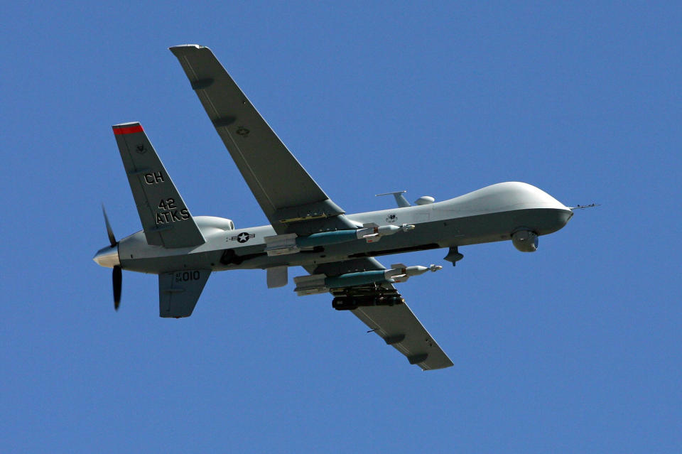 An MQ-9 Reaper drone flying over Nevada in 2007.  (Ethan Miller / AFP - Getty Images file)