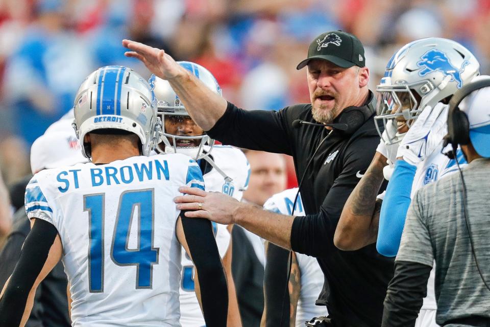 Detroit Lions coach Dan Campbell celebrates a touchdown scored by running back Jahmyr Gibbs during the first half of the NFC championship game vs. the San Francisco 49ers at Levi's Stadium in Santa Clara, California, on Sunday, Jan. 28, 2024.