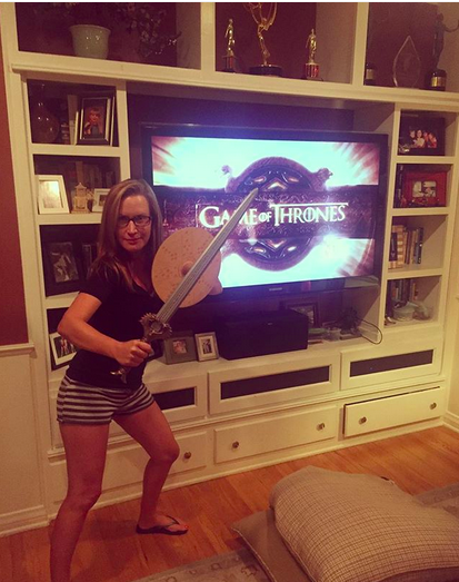 <p><em>The Office</em> actress is clearly into the show. “Dork. Of. Thrones,” she dubbed herself. (Photo: <a rel="nofollow noopener" href="https://www.instagram.com/p/BYCr952BWb_/?taken-by=angelakinsey" target="_blank" data-ylk="slk:Angela Kinsey via Instagram;elm:context_link;itc:0;sec:content-canvas" class="link ">Angela Kinsey via Instagram</a>)<br><br></p>