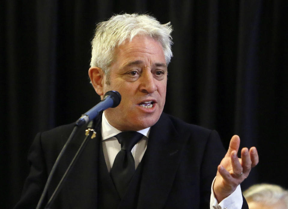 FILE - In this file photo dated Thursday, March 22, 2018, John Bercow, Speaker of the House of Commons speaks at Westminster Hall inside the Palace of Westminster in London. Bercow dealt a potentially fatal blow to Prime Minister Theresa May's ailing Brexit deal on Monday, March 18, 2019, saying the government couldn't keep asking lawmakers to vote on the same Brexit deal that lawmakers have already rejected twice. (AP Photo/Alastair Grant, FILE)