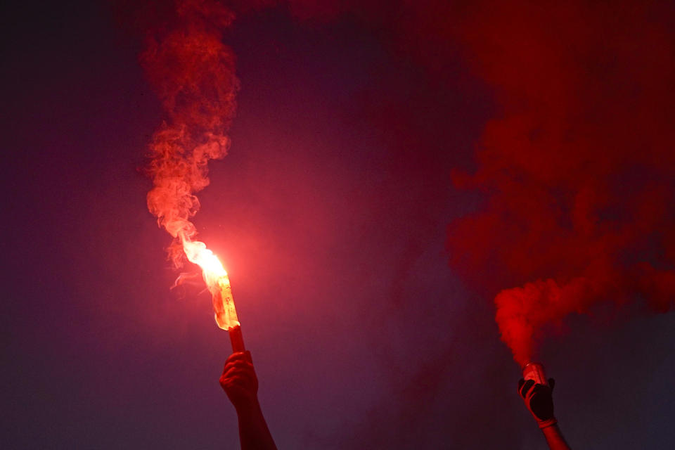 Israelis protest against plans by Prime Minister Benjamin Netanyahu's government to overhaul the judicial system in Tel Aviv, Israel, Saturday, July 15, 2023. (AP Photo/Ariel Schalit)