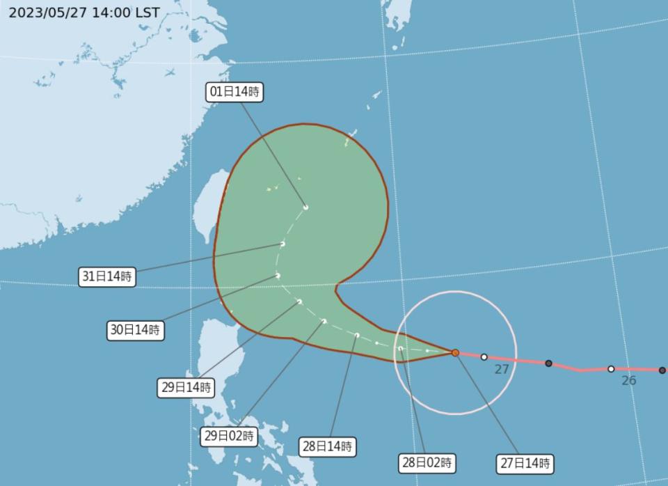 颱風瑪娃最快29日清晨到上午發布海警。（圖取自中央氣象局網站）