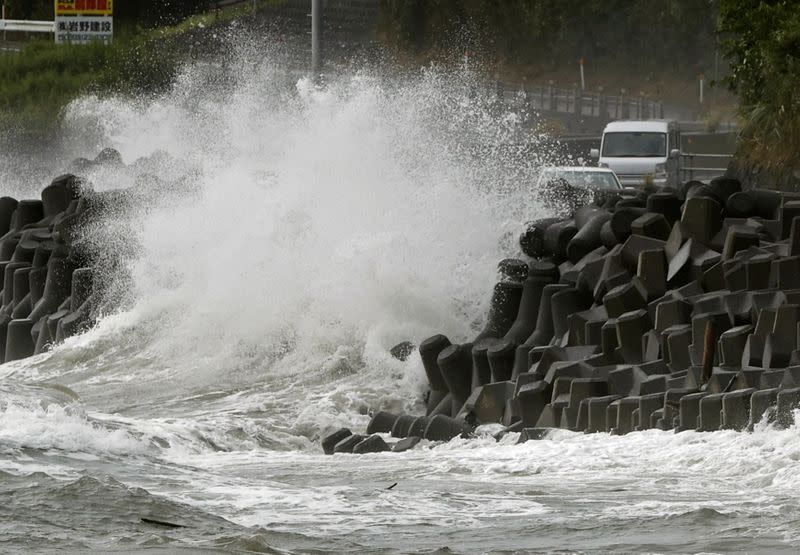 High waves triggered by Typhoon Haishen crash against the coast in Kagoshima, Kagoshima prefecture, in southwestern Japan
