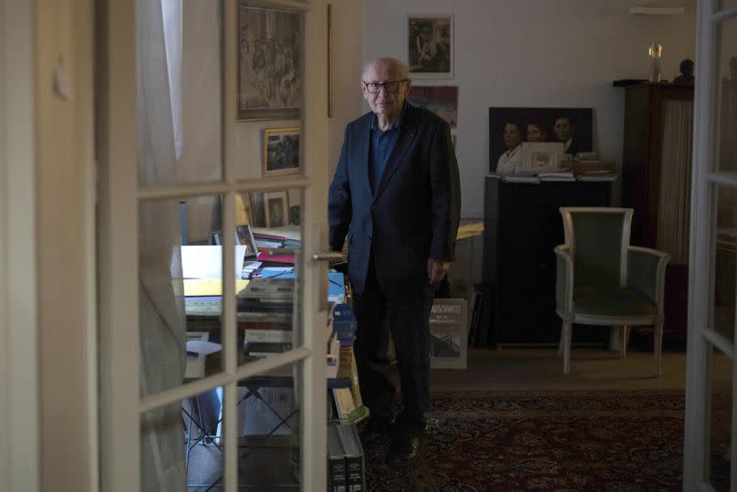 Serge Klarsfeld poses in his office, Tuesday, July 2, 2024 in Paris. France's renowned Nazi hunter Serge Klarsfeld advised voters faced with a duel between a candidate from Ma