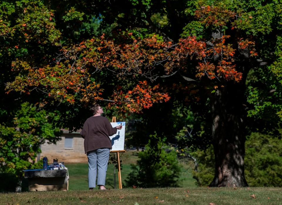 Allison Schilling looks at the scene while she is painting during "Bloomington Paint Out" at Bryan Park on Saturday, Oct. 7, 2023.
