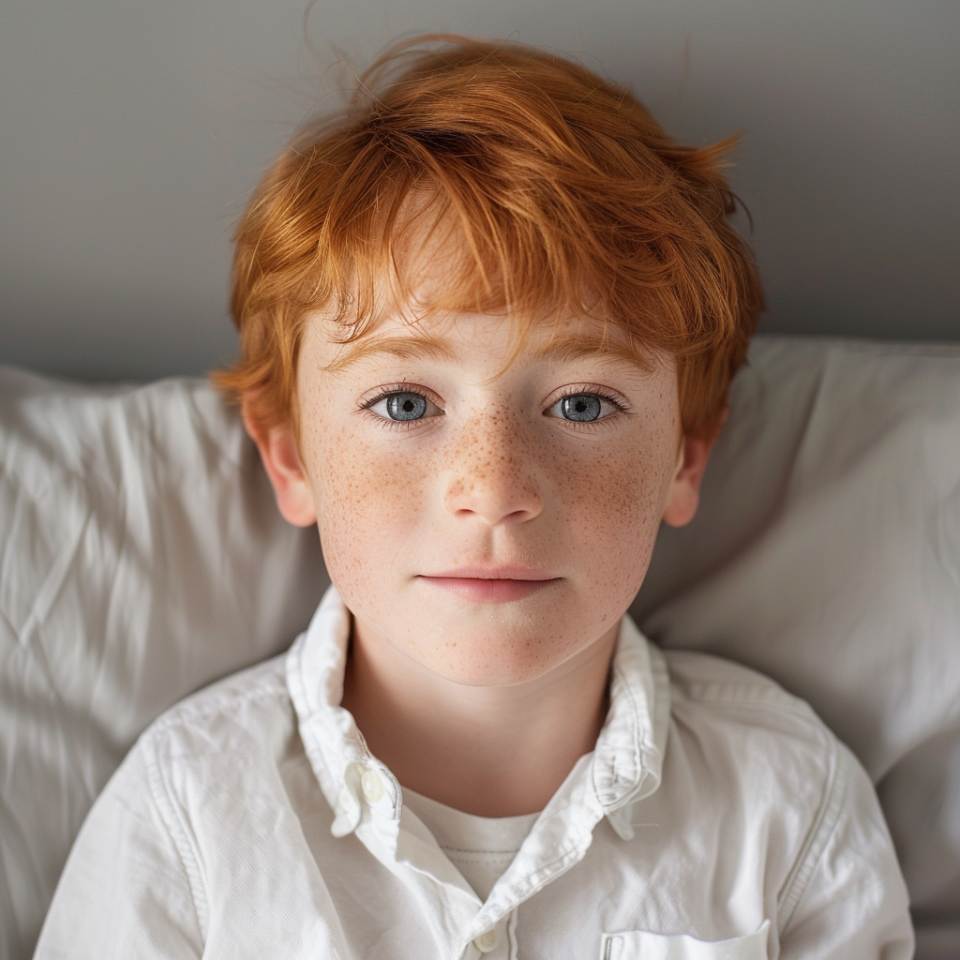 Close-up of a child with freckles smiling directly at the camera