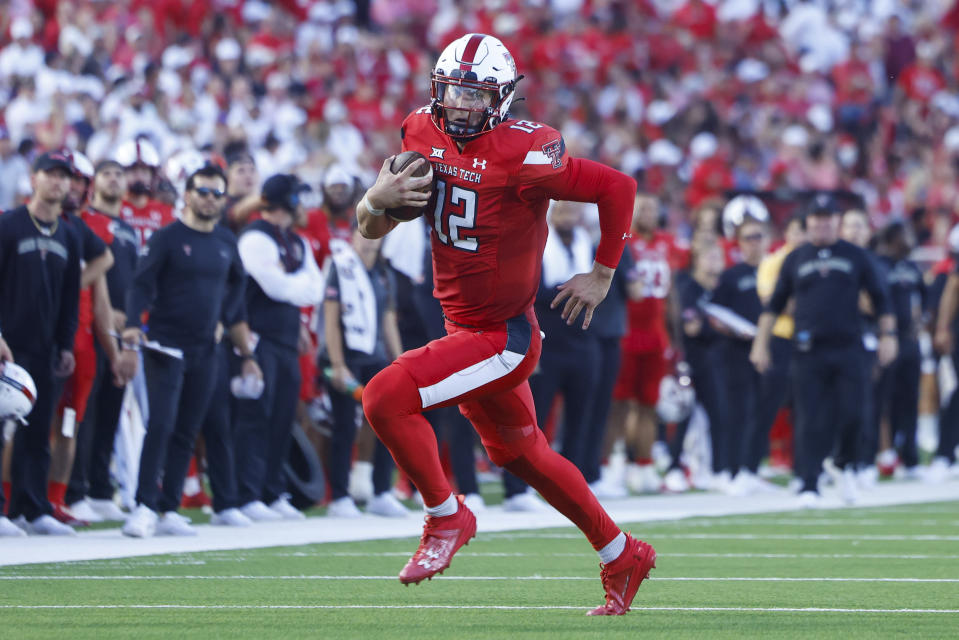 Texas Tech quarterback Tyler Shough runs the ball against Oregon during the first half of an NCAA college football game, Saturday, Sept. 9, 2023, in Lubbock, Texas. (AP Photo/Chase Seabolt)
