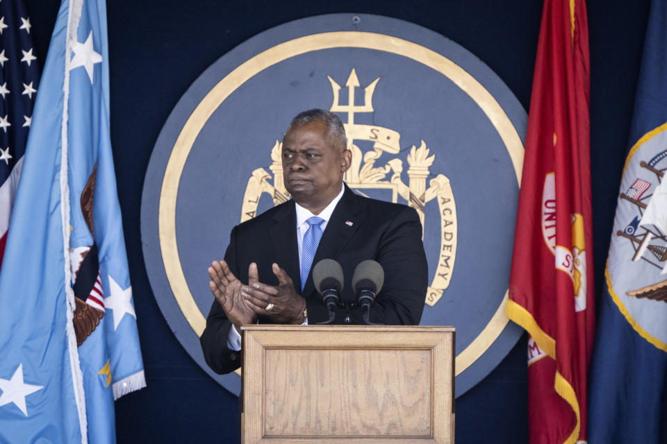 Secretary of Defense Lloyd Austin delivers remarks during the U.S. Naval Academy Graduation and Commissioning Ceremony at the Naval Academy May 26, 2023 in Annapolis, Maryland. / Credit: Drew Angerer / Getty Images