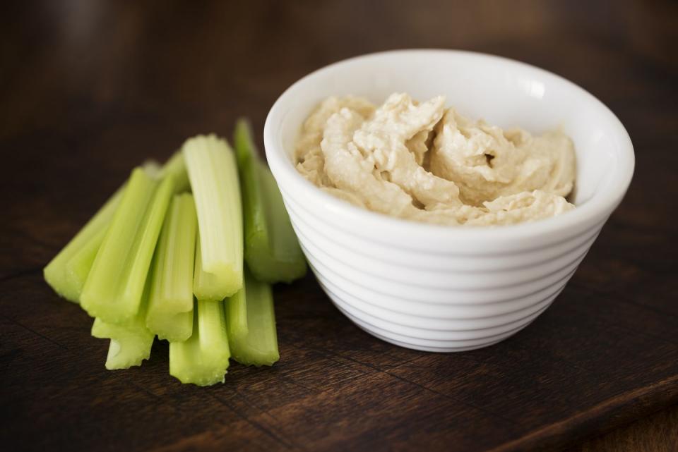 <p>Hummus is made of chickpeas so it has lots of fiber and it goes well with nearly any veggie: cucumber, celery, carrots and bell pepper are favorites.</p>