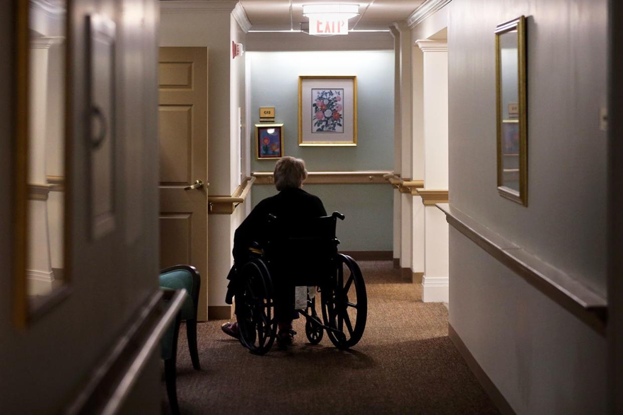 A resident in a wheelchair at an assisted living facility in Boston, MA on September 02, 2020.