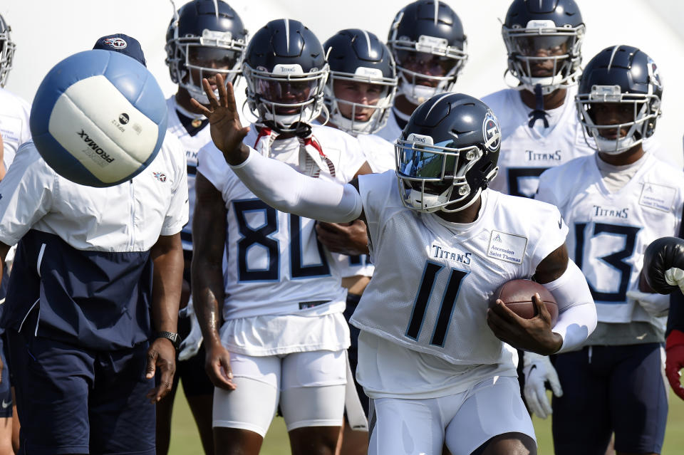 Tennessee Titans wide receiver A.J. Brown (11) runs a drill during NFL football training camp Wednesday, July 28, 2021, in Nashville, Tenn. (AP Photo/Mark Zaleski)