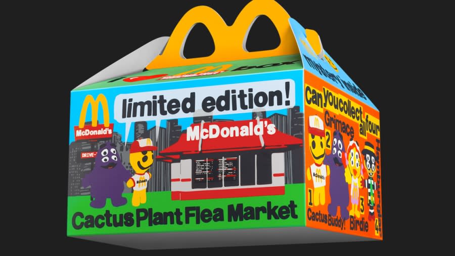 Grimace and Cactus Buddy — the signature mascot for Cactus Plant Flea Market — are pictured on the side of the Cactus Plant Flea Market meal boxes. (McDonald’s)