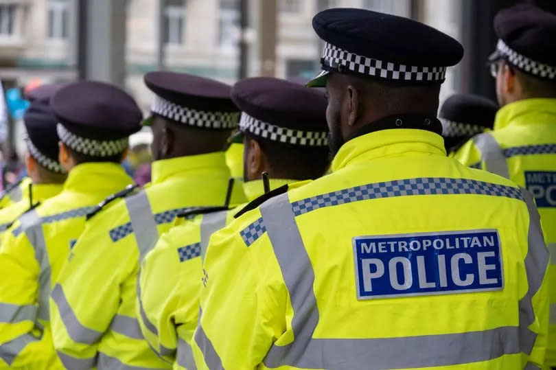 Metropolitan Police viewed from the back wait in line while policing a protest in the City of London