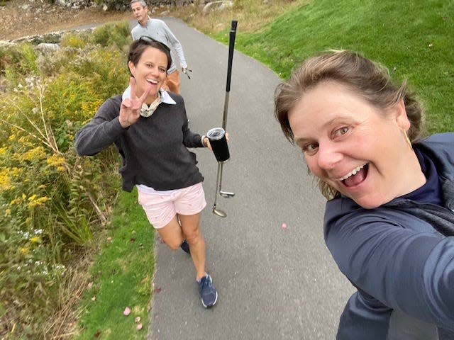 Melissa Guy, left, and Leslie Creegan-Steinhauser participate in the 2020 Chris Bamford Memorial Golf Run at Breakfast Hill Golf Club in Greenland.