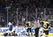 Nov 10, 2018; Boston, MA, USA; Boston Bruins forward David Pastrnak (88) scores his second goal of the game against the Toronto Maple Leafs in the second period at TD Garden. Kathryn Riley-USA TODAY Sports