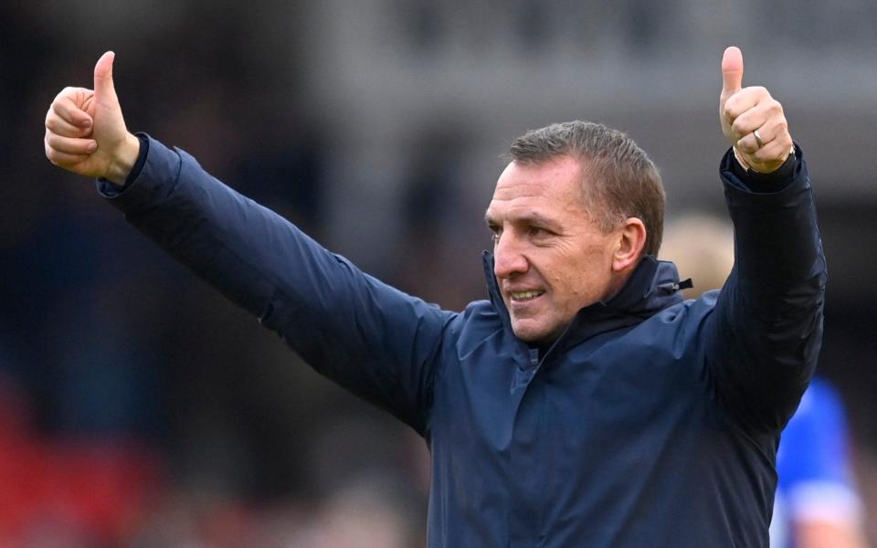 Brendan Rodgers cheering - Four years on, the Brendan Rodgers formula is still Leicester City's best bet - TOBY MELVILLE/Reuters