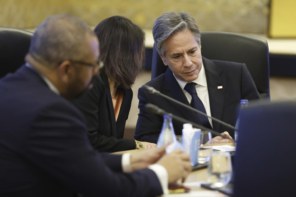 U.S. Secretary of State Antony Blinken, right, German Foreign Minister Annalena Baerbock, center, and British Foreign Secretary James Cleverly attend a session on the war in Ukraine during the G7 Foreign Ministers' Meeting in Tokyo Wednesday, Nov. 8, 2023. (Jonathan Ernst/Pool Photo via AP)