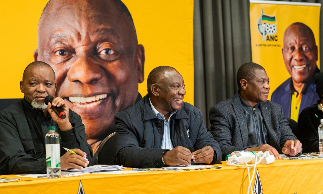 <span>Cyril Ramaphosa (centre) has vowed that the ANC will create a form of basic income under his leadership.</span><span>Photograph: Jérôme Delay/AP</span>