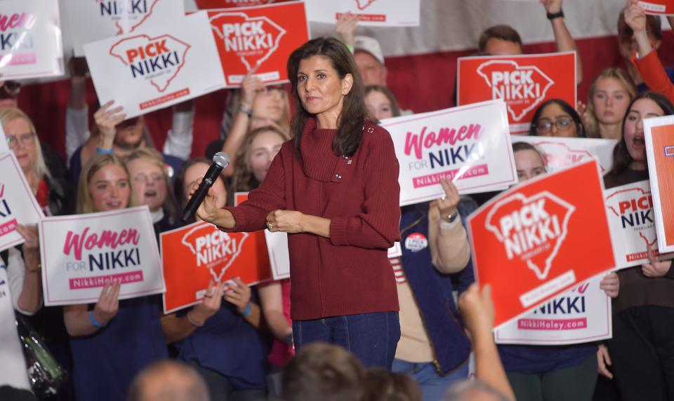 Nikki Haley, GOP presidential candidate, campaigns at Mauldin High School in Mauldin, S.C., on Jan. 27, 2024.