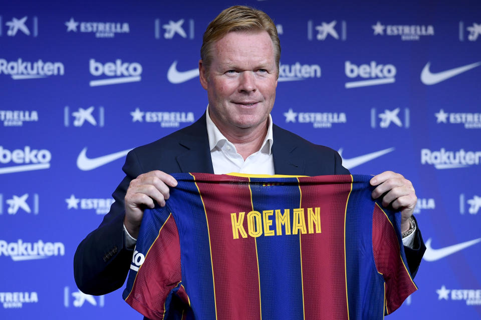 BARCELONA, SPAIN - AUGUST 19: Barcelona's new Dutch coach Ronald Koeman poses during his official presentation at the Camp Nou stadium in Barcelona on August 19, 2020. (Photo by Adria Puig/Anadolu Agency via Getty Images)