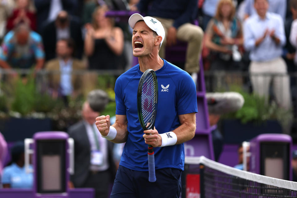 LONDON, ENGLAND – JUNE 18: Andy Murray of Great Britain celebrates after his victory against Alexei Popyrin of Australia following the men's singles round of 32 match during day two of the Cinch Championships at The Queen's Club on June 18, 2024 in London, England.  (Photo by Luke Walker/Getty Images for LTA)