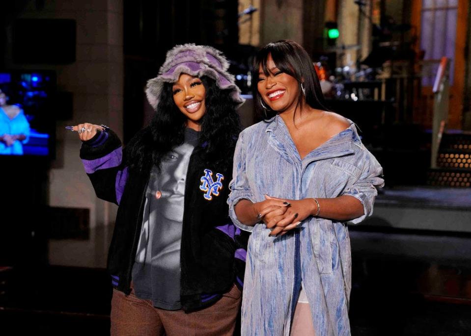 Keke Palmer (right) hosts the Dec. 3, 2022 episode of "Saturday Night Live," joined by musical guest SZA (left).