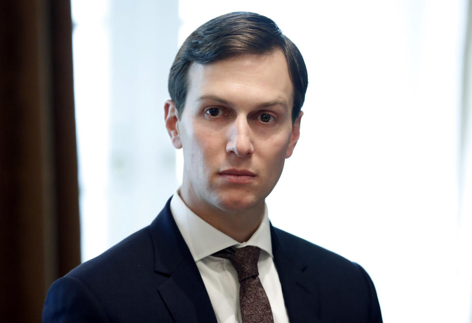 FILE - In this Sept. 12, 2017, file photo, White House Senior Adviser Jared Kushner listens as President Donald Trump speaks during a meeting in the Cabinet Room of the White House in Washington. New York City Councilman Ritchie Torres plans to introduce a bill to close the "Kushner loophole" that fails to check up on landlords if they file false documents with the city. Current regulations allow Kushner Cos to avoid strict oversight of construction that critics say was used to drive out low-paying tenants. (AP Photo/Alex Brandon, File)