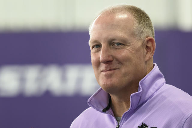 FILE - Kansas State head coach Chris Klieman is interviewed during the NCAA college football team's NFL Pro Day in Manhattan, Kan., Friday, March 31, 2023. Kansas State and Chris Klieman are close to finalizing a new contract that would give the Wildcats' football coach a substantial pay raise while keeping him tied to the program for the next eight seasons, a person familiar with the deal told The Associated Press on Monday, May 8, 2023. (AP Photo/Reed Hoffmann, File)