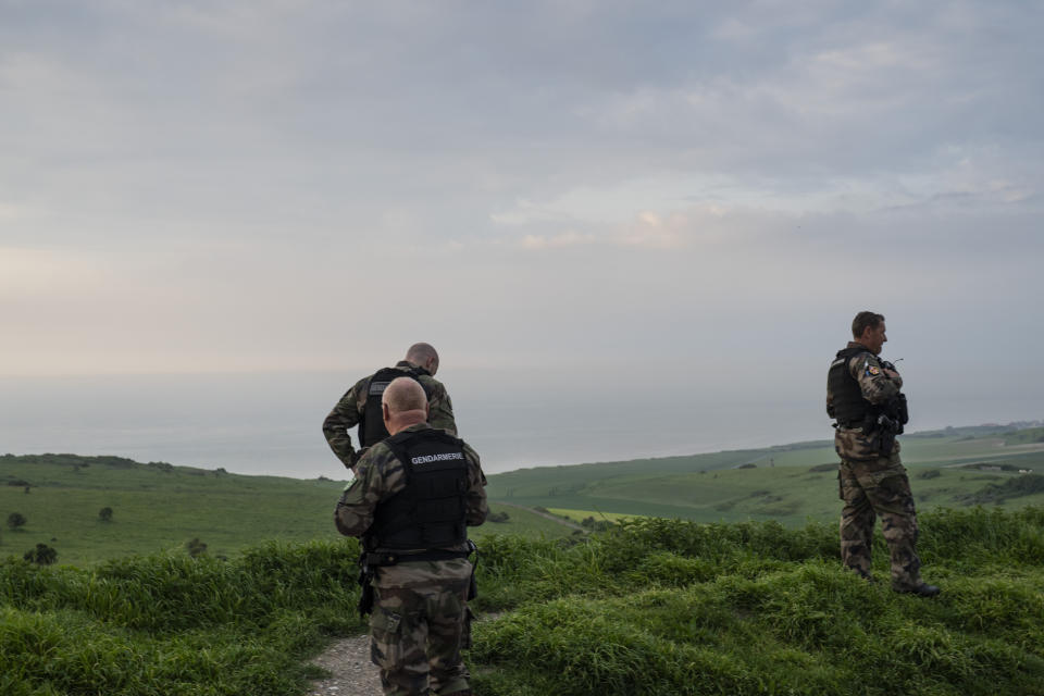 French police patrol the coastline near the town of Audinghen, northern France, on Saturday, May 18, 2024. (AP Photo/Bernat Armangue)