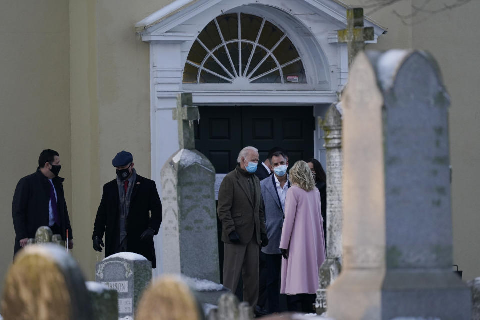 President-elect Joe Biden and his wife Jill Biden pause to talk with Ashley Biden and her husband Howard Krein as they walk from St. Joseph on the Brandywine Roman Catholic Church in Wilmington, Del., Friday, Dec. 18, 2020. Today is the anniversary of Neilia and Naomi Biden's death. (AP Photo/Carolyn Kaster)