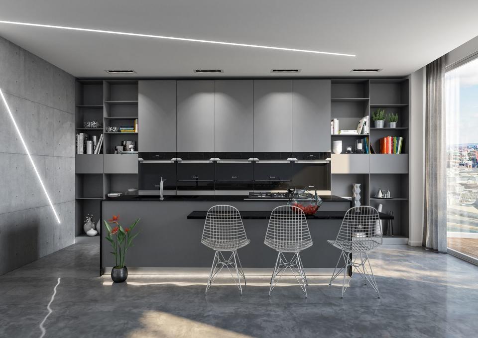 <p>This sleek flooring works wonderfully with the grey cabinets and open shelving units. Top tip: a white ceiling and additional lighting will help to make the space brighter and bigger. </p><p><strong>SEE MORE</strong>: <a href="https://www.housebeautiful.com/uk/lifestyle/shopping/news/g429/best-stylish-grey-rugs/" rel="nofollow noopener" target="_blank" data-ylk="slk:10 stylish grey rugs for an instant flooring update;elm:context_link;itc:0;sec:content-canvas" class="link ">10 stylish grey rugs for an instant flooring update</a></p><p>• Shop the look at <a href="https://www.hoover.co.uk/en_GB/vogue-collection" rel="nofollow noopener" target="_blank" data-ylk="slk:Hoover;elm:context_link;itc:0;sec:content-canvas" class="link ">Hoover</a></p>