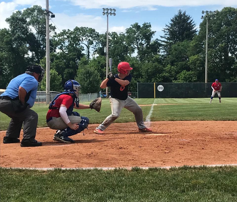 Coshocton Cherokees' Blake Alexander gets ready to bat against Cambridge during Sunday's semifinal game of the Ben Tufford Tournament at Lake Park.