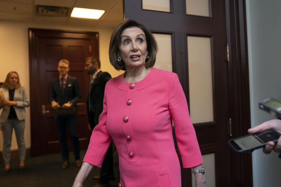 Speaker of the House Nancy Pelosi, D-Calif., arrives for a closed-door meeting with her Democratic Caucus prior to a vote that would would authorize lawsuits against Attorney General William Barr and former White House counsel Don McGahn for defying subpoenas pertaining to special counsel Robert Mueller's report, at the Capitol in Washington, Tuesday, June 11, 2019. Barr and McGahn defied the subpoenas on orders from President Donald Trump. (AP Photo/J. Scott Applewhite)