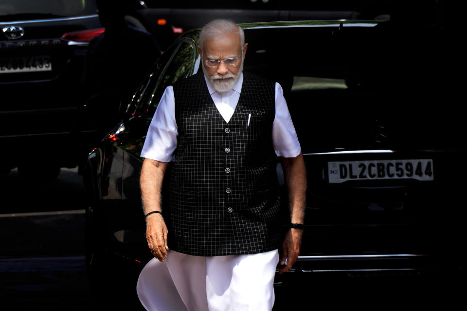 Indian Prime Minister Narendra Modi arrives on the opening day of the monsoon session of the Indian parliament in New Delhi, India, Thursday, July 20, 2023. Modi Thursday broke more than two months of his public silence over the deadly ethnic clashes that have marred the country's remote northeast Manipur state, a day after a viral video showed two women being paraded naked by a mob, sparking outrage across the nation. (AP Photo/Manish Swarup)