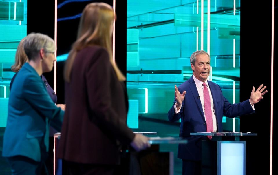 Nigel Farage speaks during the ITV election debate on June 13