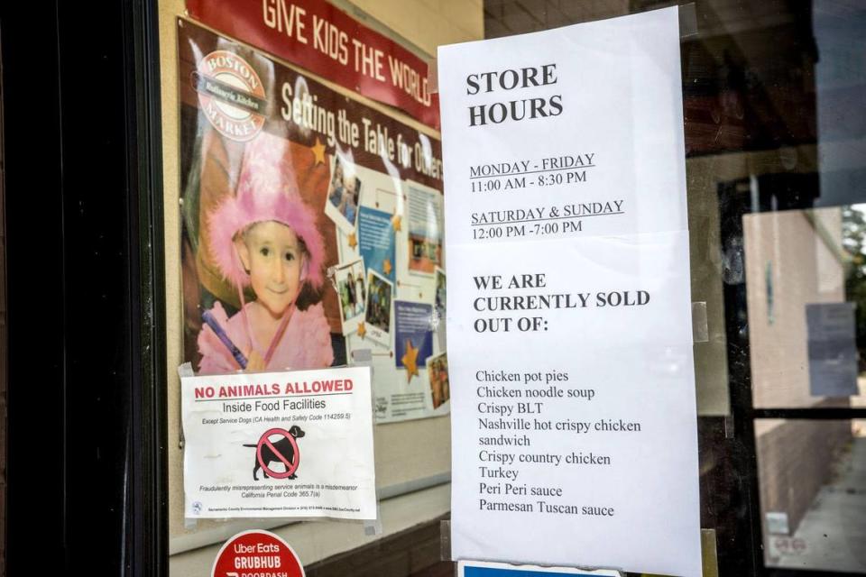 A sign in the window of Sacramento County’s lone remaining Boston Market restaurant lists its sold-out items – including pot pies and crispy chicken sandwiches – on Thursday, June 8, 2023.