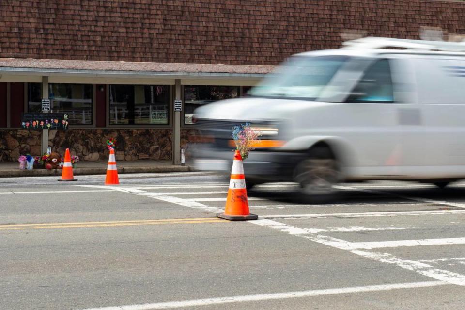 A van drives through the crosswalk on Monday, June 5, 2023, where five children were hit on Pony Express Trail last week near Willow Street in Pollock Pines.