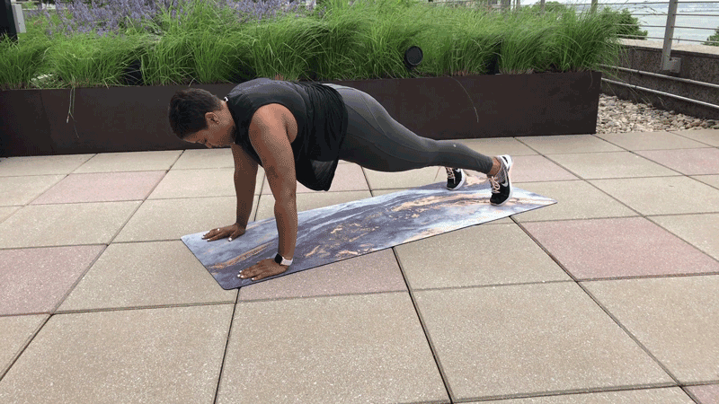 <ol><li>From a straight-arm plank, lower right elbow to the ground, followed by left, coming into a forearm plank.</li> <li>Place right hand on ground directly beneath right shoulder and straighten right elbow, then place left hand under left shoulder and straighten left elbow, coming back into a straight-arm plank.</li> </ol>