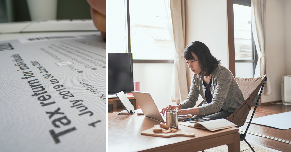 Australian tax return forms and a young woman working on her laptop at home