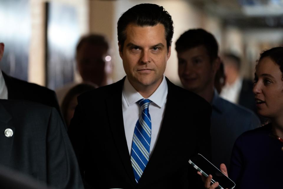 House Freedom Caucus member Rep. Matt Gaetz (R-FL) arrives for a meeting of the Republican House caucus on Sept. 30, 2023, in Washington, DC.