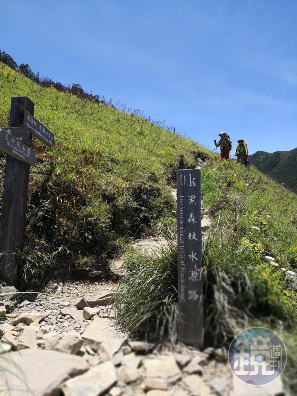 黑森林水源路入口位在往雪山主峰的叉路，距離三六九山莊約100公尺。