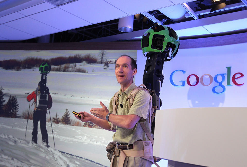 SAN FRANCISCO, CA - JUNE 06: Luc Vincent, Google Engineering Director for Street View, demonstrates a backpack camera called Trekker during a news conference about Google Maps on June 6, 2012 in San Francisco, California. Google announced new upgrades to Google maps including a feature to download maps and view offline, better 3D mapping and a backpack camera backpack camera device called Trekker that will allow Street View to go offroad on hiking trails and places only accessible by foot. (Photo by Justin Sullivan/Getty Images)