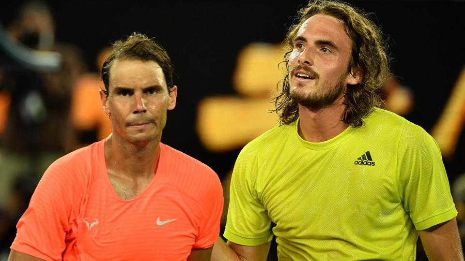 Rafael Nadal and Stefanos Tsitsipas, pictured here after their quarter-final clash at the Australian Open.