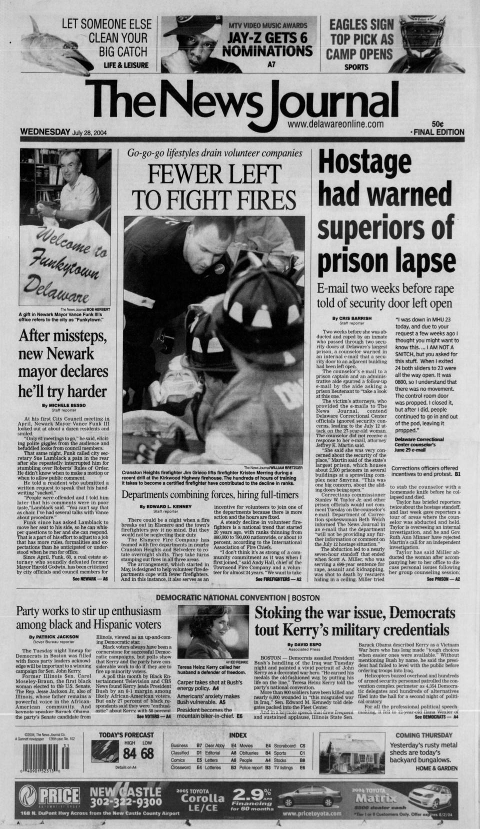 Front page of The News Journal from July 28, 2004.