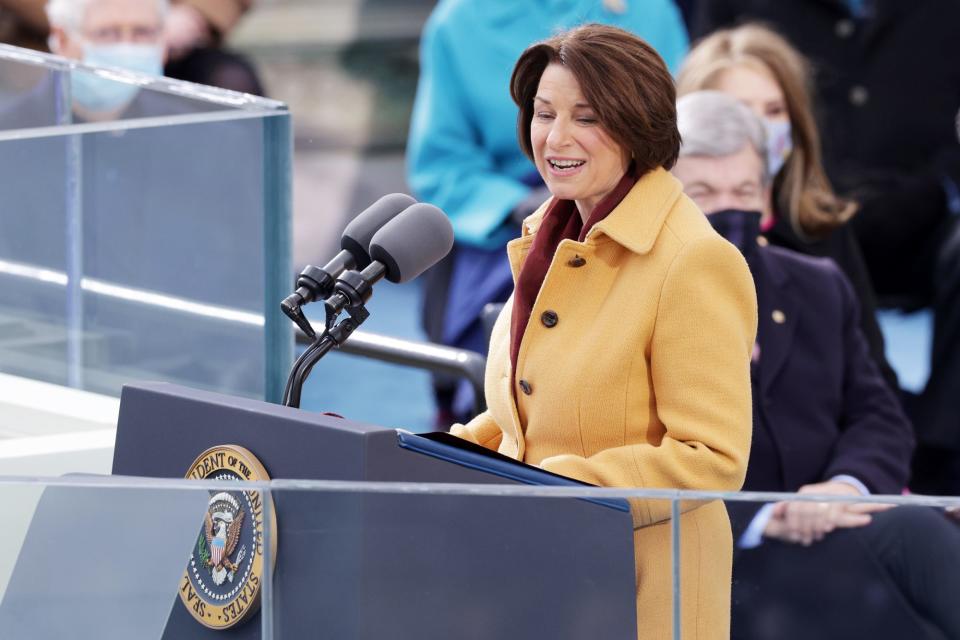 <p>Senator Amy Klobuchar, a member of the Joint Congressional Committee on Inaugural Ceremonies, speaks during the inauguration of Joe Biden. </p>