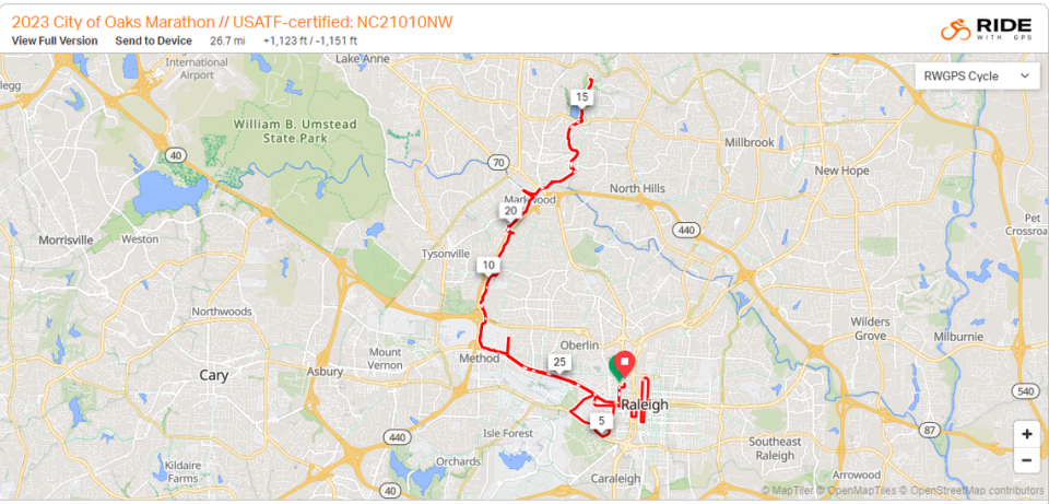 Race course for the City of Oaks Marathon, taking place Sunday, Nov. 5 in Raleigh.