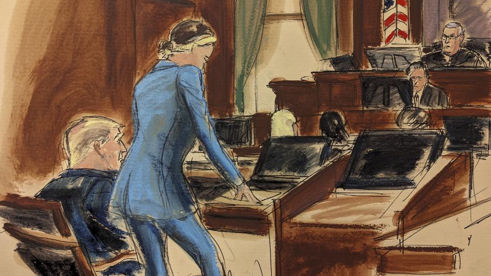 In this courtroom sketch, Judge Lewis A. Kaplan, right, threatens to send former President Donald Trump’s attorney, Alina Habba, second from left, to jail for continuing to talk when he told her to stop , Friday, Jan. 26, 2024, in Manhattan federal court in New York